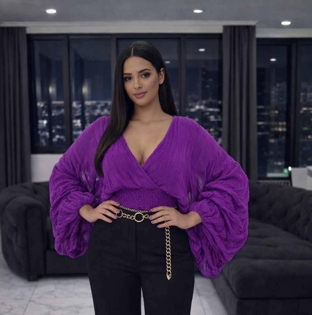 New! Sheer Long Sleeve Women's Elegant Casual Waist Length Top Blouse - Purple